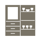 Cabinet with shelves and glassware icon.