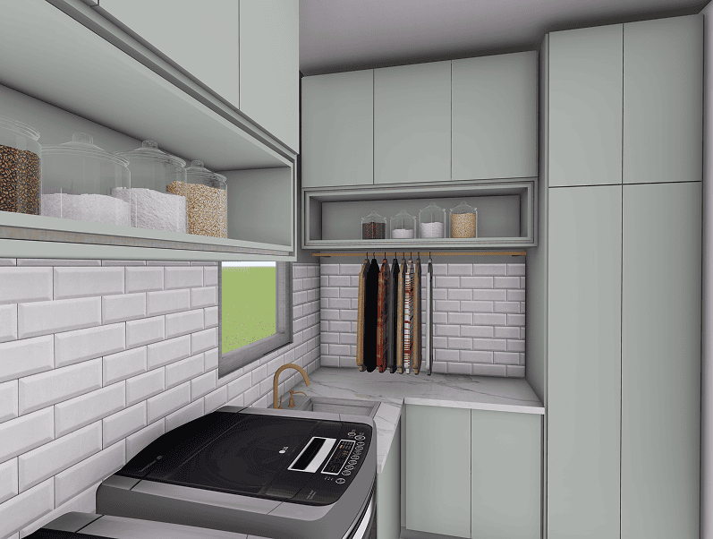 Modern laundry room with storage and washer.