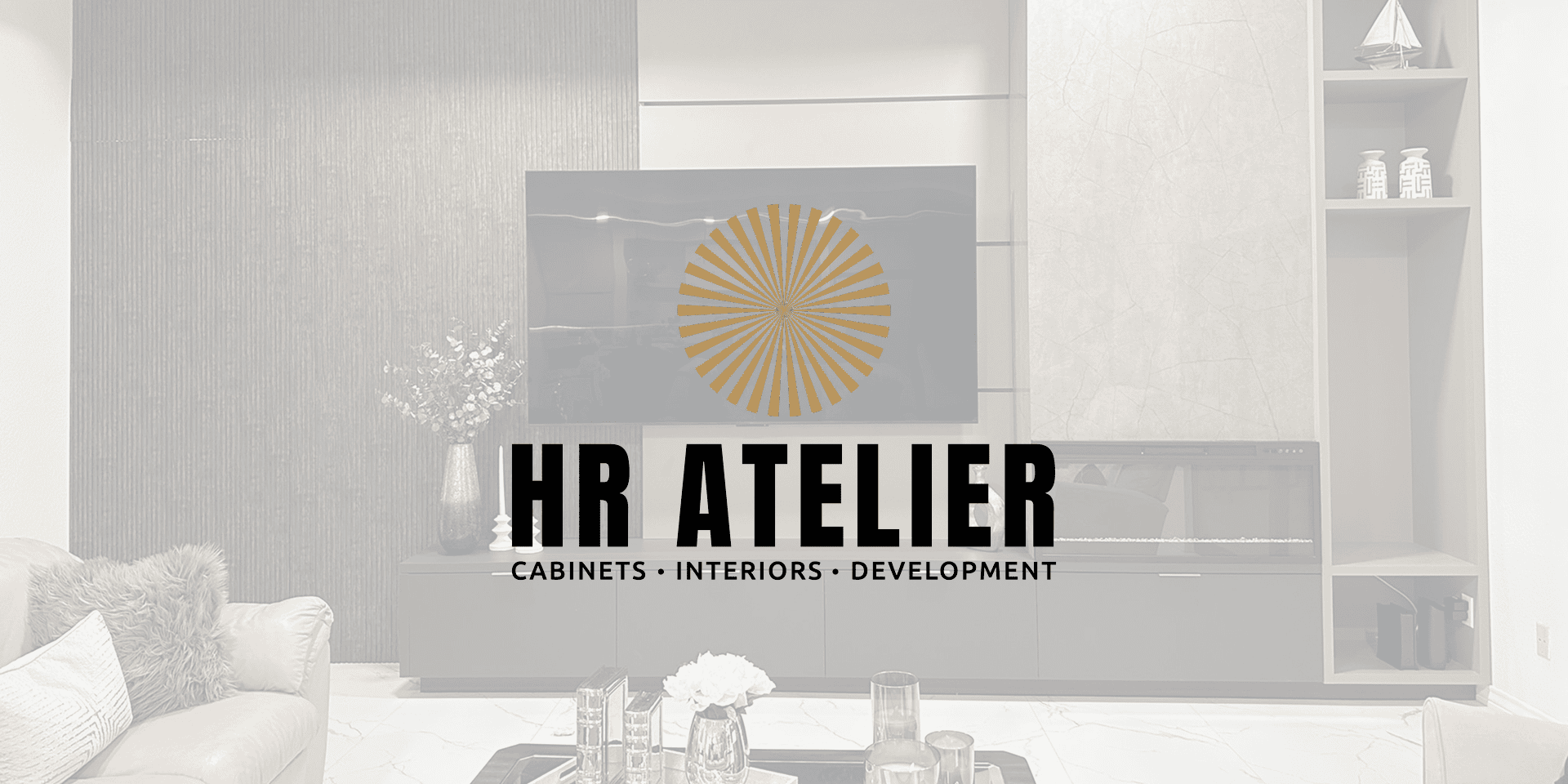 Modern living room with HR Atelier logo