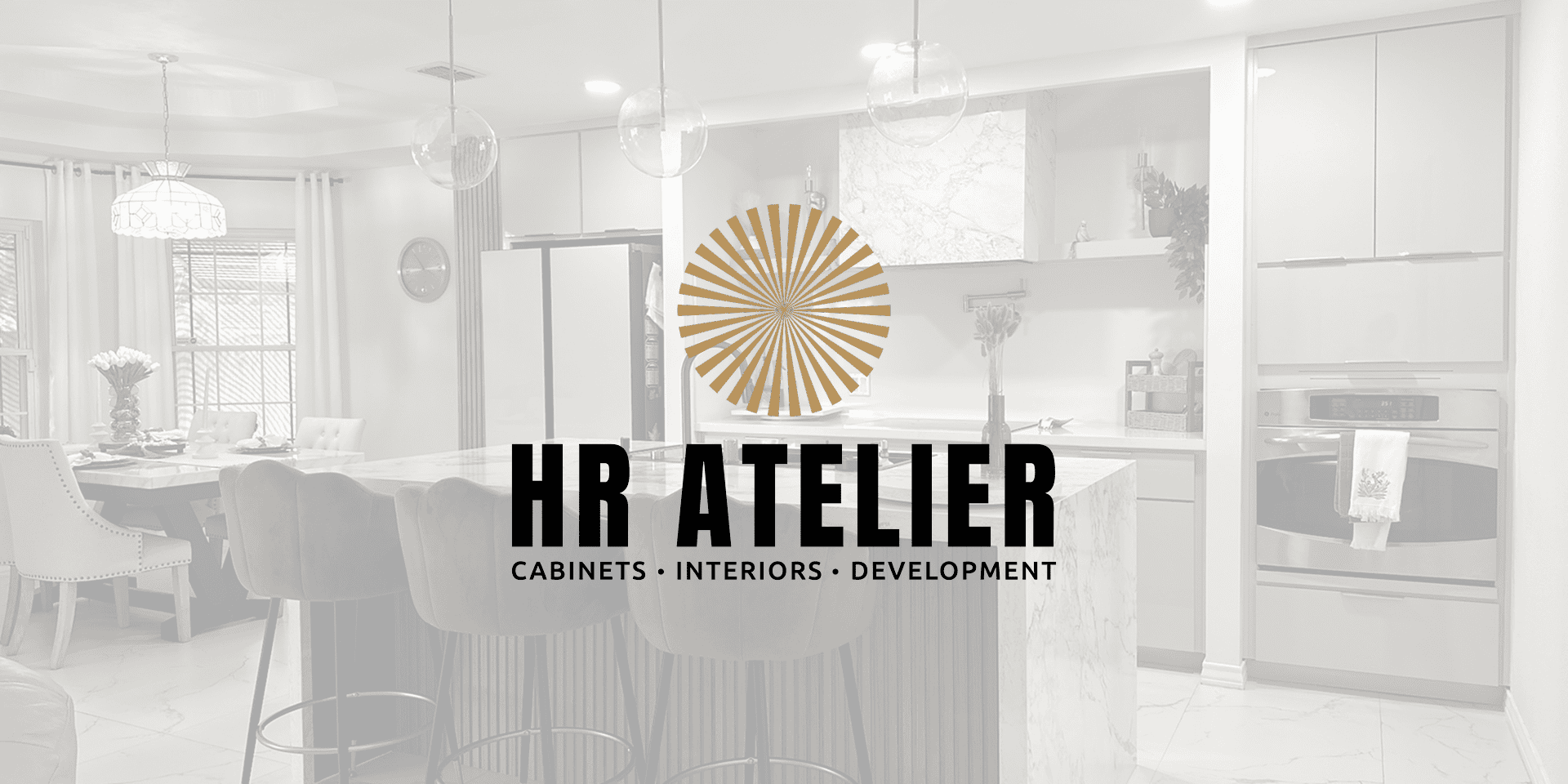 Modern kitchen interior with HR Atelier logo